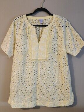 Chico's Yellow Eyelet Blouse With Beading Details
